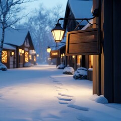 Charming winter street with festive lights and snow-covered walkway at night.