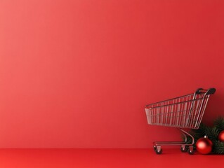 Empty shopping cart with Christmas decorations against a vibrant red background.