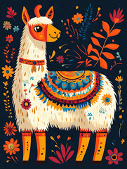 Colorful mexican fabric graphic design. The theme is a minimalist alpaca