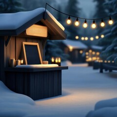 A cozy winter market stall illuminated by warm lights in a snowy landscape.
