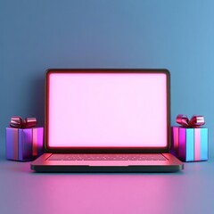 A laptop with a blank screen surrounded by colorful gift boxes on a vibrant background.