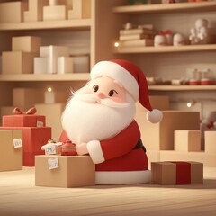 A cheerful Santa Claus joyfully wrapping gifts in a cozy holiday workshop setting.