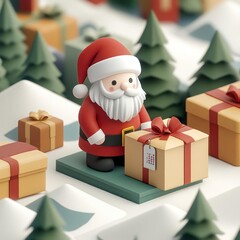 A festive Santa figure surrounded by colorful wrapped gifts in a winter landscape.