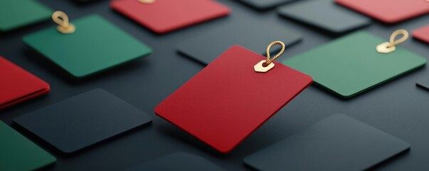 Colorful gift tags on a flat surface ready for holiday presents and seasonal celebrations.