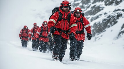 Group alpine rescuers stepping, seen in front in a snow-covered mountain setting during a fierce blizzard