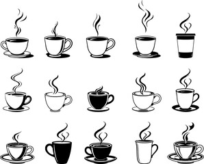 Obraz premium set of a cup of tea with steam, icon set