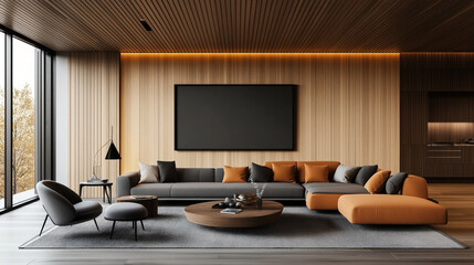 Contemporary living room with gray and orange furniture, large floor-to-ceiling windows, wooden walls, round coffee table, and modern decor elements.
