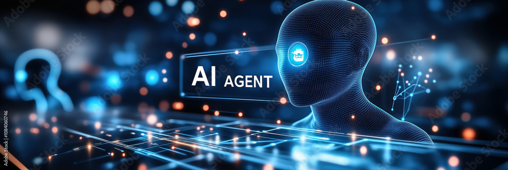 Poster futuristic artificial intelligence agent interacting with digital environment for data processing ta