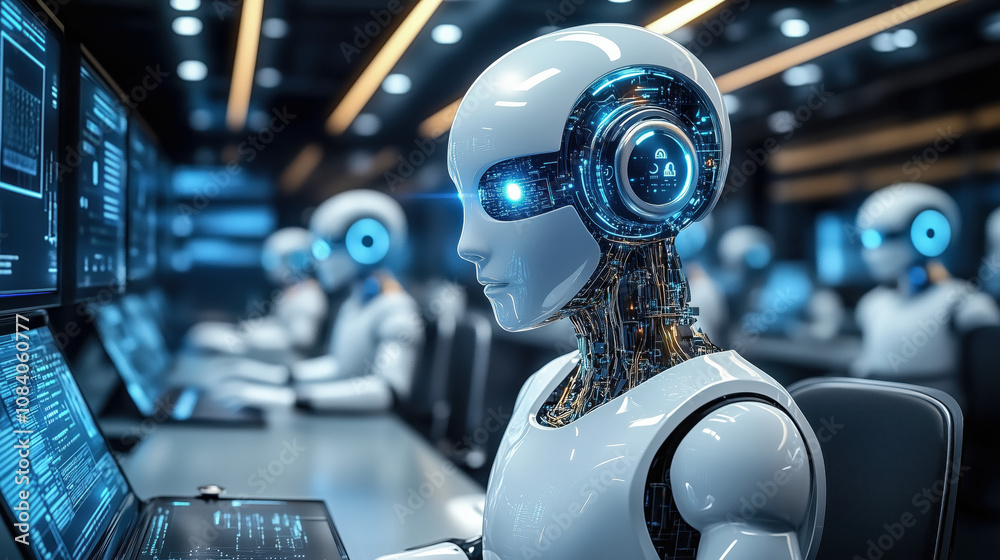 Poster automated futuristic ai agent working in high-tech environment with robotic precision automation