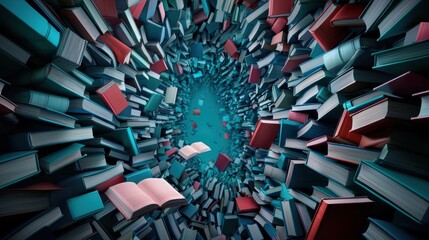 An overflowing bookshelf with stacks of books piled high, some leaning precariously against each other, suggesting an avid reader with a vast collection.