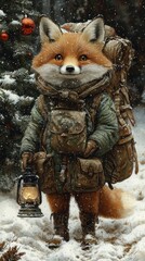 A fox with a backpack and a lantern in the snow