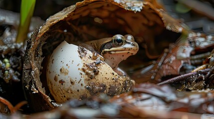 Obraz premium An amphibian hatchling emerging from an egg in a damp environment.