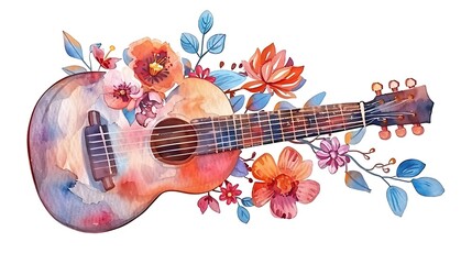 A watercolor illustration of a guitar surrounded by colorful flowers, symbolizing creativity and music.