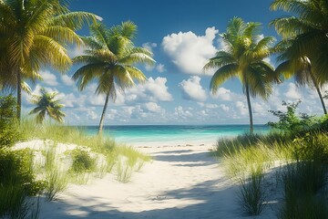 Obraz premium Palm Tree Pathway to Tranquil Blue Beach