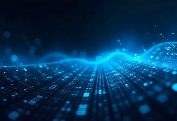 Obraz premium A futuristic digital landscape with a grid of blue binary code flowing through a dark, abstract environment.