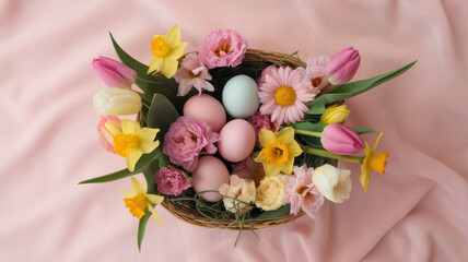 Obraz premium A vibrant spring arrangement featuring pastel-colored eggs nestled among an array of blooming flowers, showcasing the joy of Easter festivities.