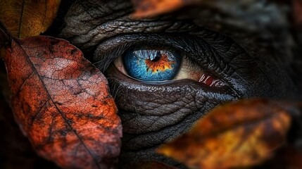 A close up of a blue eye surrounded by leaves