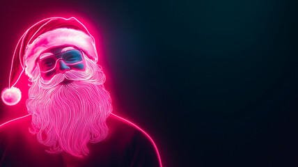 Glowing Santa Claus on dark background with copy space. Neon Christmas concept.