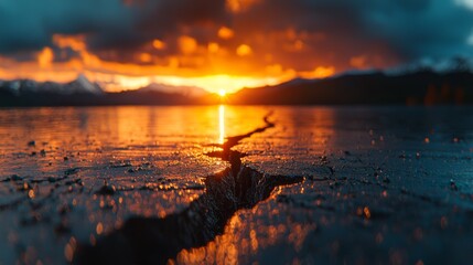 A sunset over a body of water with mountains in the background