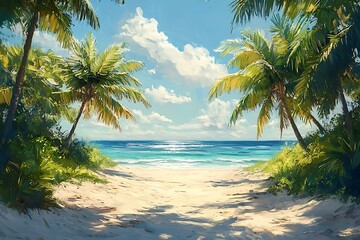 Obraz premium Palm Tree Shadows on a Tranquil Coastal Path