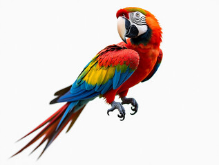 Obraz premium Majestic colorful macaw parrot with vibrant, multicolored feathers, gracefully perched and isolated on a clean white background, perfect for tropical, exotic design projects and nature themes