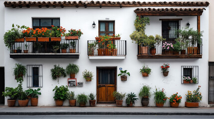 Charming white facade with wooden doors and windows adorned with vibrant pots of flowers and green plants on balconies and ground level.