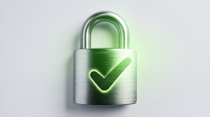 A metallic padlock with a glowing green checkmark, symbolizing security and trust.