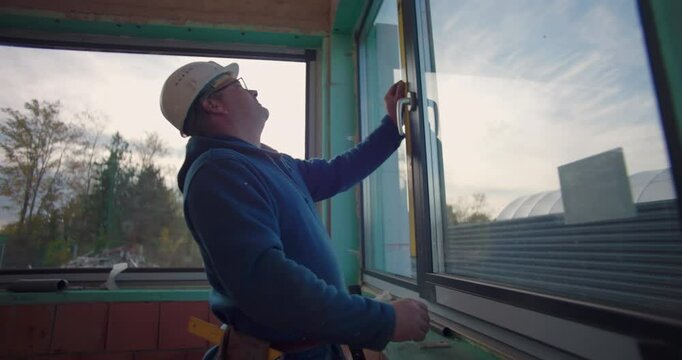 Construction worker inspecting window installation, ensuring precise fit and alignment with level tool, focused professional at construction site setting window adjustments