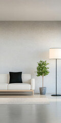Modern living room with a white sofa minimal decor and a potted plant during daylight
