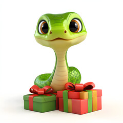 Naklejka premium Cartoon Green Wood Snake with present red gift box on white background 