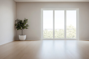 Obraz premium Empty and spacious minimalist room with large windows showcasing nature and greenery