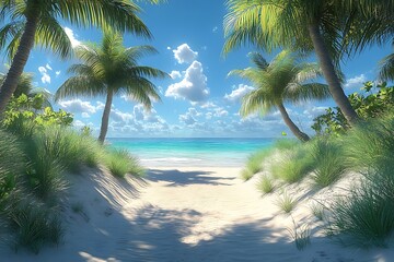 Obraz premium Palm Tree Shadows on White Sand Beach with Turquoise Water