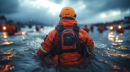 Rescue workers navigating floodwaters in emergency response.
