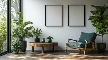 Fototapeta premium Hyper-Realistic Interior with Empty White Wall, Black Picture Frames, Green Plants, Wooden Coffee Table, and Dark Emerald Armchair – Elegant Modern Design