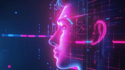 A futuristic digital portrait featuring a stylized human face illuminated with vibrant neon colors and complex data patterns.