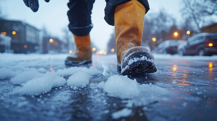City worker wearing gloves spreads salt on a slippery, icy sidewalk during winter, helping prevent accidents and ensuring pedestrian safety in snowy conditions