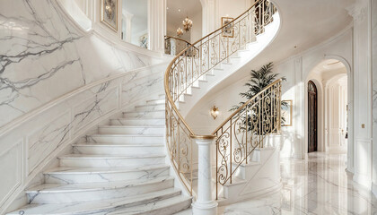 Luxurious white marble staircase with wrought iron banister, exuding elegance.