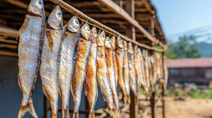 Dried fish hang on a line in the sun, showcasing traditional preservation methods against a rustic backdrop.