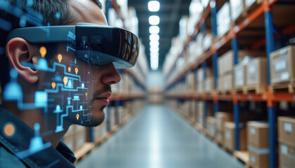 Man using virtual reality glasses for warehouse logistics and inventory management