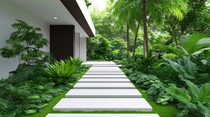 Serene pathway leading to a modern house surrounded by lush greenery.