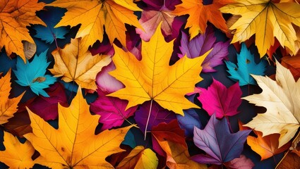 Fototapeta premium colorful autumn leaves, vibrant fall foliage, maple leaves, diverse colors, red yellow orange blue, high contrast, nature photography, top-down view, seasonal texture, leaf carpet, macro detail, crisp