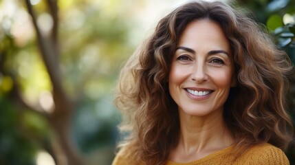 Smiling Woman with Curly Hair in a Natural Setting