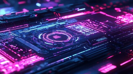 Fototapeta premium A vibrant, abstract digital landscape featuring neon circuitry and glowing elements, creating a futuristic tech aesthetic.