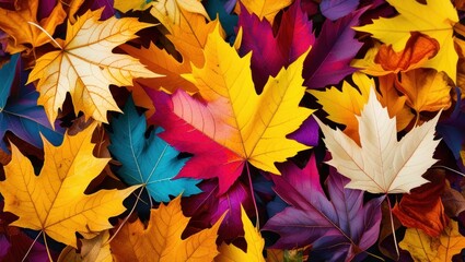 Fototapeta premium colorful autumn leaves, vibrant fall foliage, maple leaves, diverse colors, red yellow orange blue, high contrast, nature photography, top-down view, seasonal texture, leaf carpet, macro detail, crisp