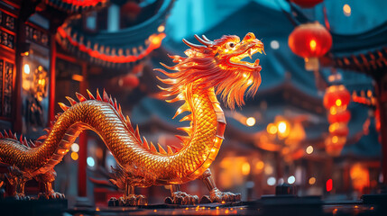 Obraz premium A detailed golden dragon statue is the focal point, set against a backdrop of glowing red lanterns and a bustling, festively lit city at night