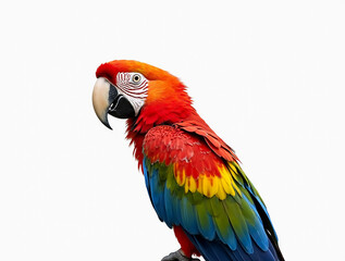 Fototapeta premium Majestic colorful macaw parrot with vibrant, multicolored feathers, gracefully perched and isolated on a clean white background, perfect for tropical, exotic design projects and nature themes