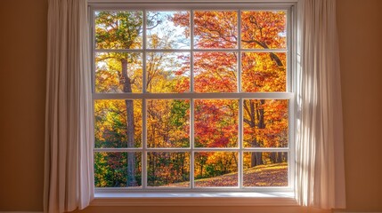 Large window overlooking vibrant autumn foliage, sunlight enhancing the warm tones of fall leaves.