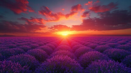 Obraz premium Vibrant sunset over a vast lavender field.