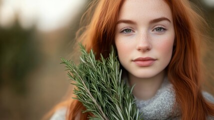 Naklejka premium Close-up Portrait of a Woman with Red Hair and Rosemary