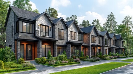 Modern row of houses with landscaped gardens and trees.